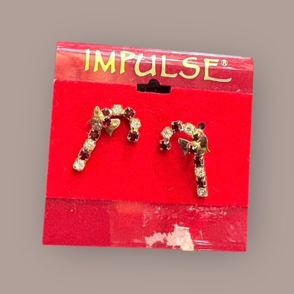 Impulse Candy Cane Stud Earrings Red Rhinestone Gold Tone 1 Inch